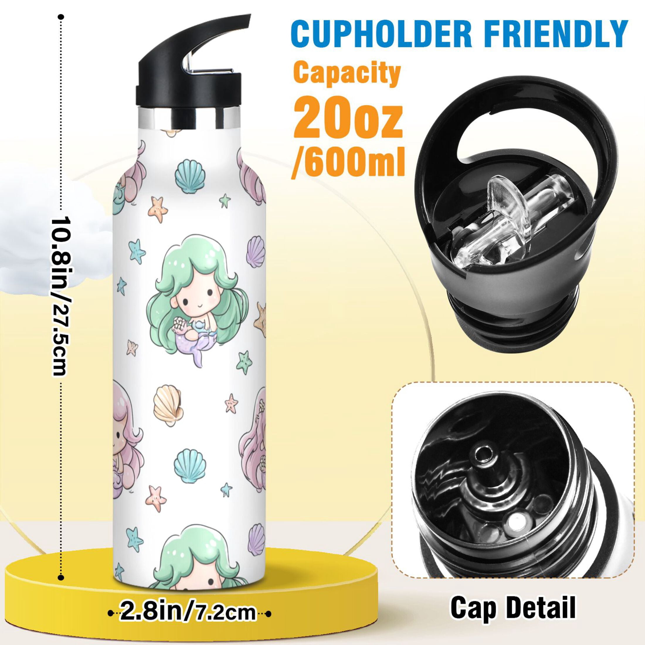 Kids Insulated Stainless Steel Sports Water Bottle 600ml (20oz) Cute Mermaid Pattern