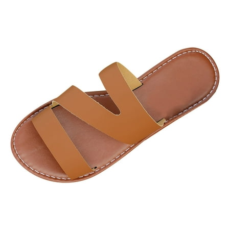 OJSFQUFP Summer Sandals for Women Fashion Spring Summer Women Slippers Flat Bottom Slip On Open Toe Breathable Solid Comfortable Beach Shoes Women Slippers Brown 38