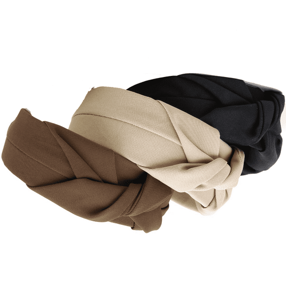 3PCS Knotted Headbands for Women, Non-Slip Wide Top Knot Hair Hoops, Fashion Hairbands in Black, Khaki, Brown Hair Accessories Set