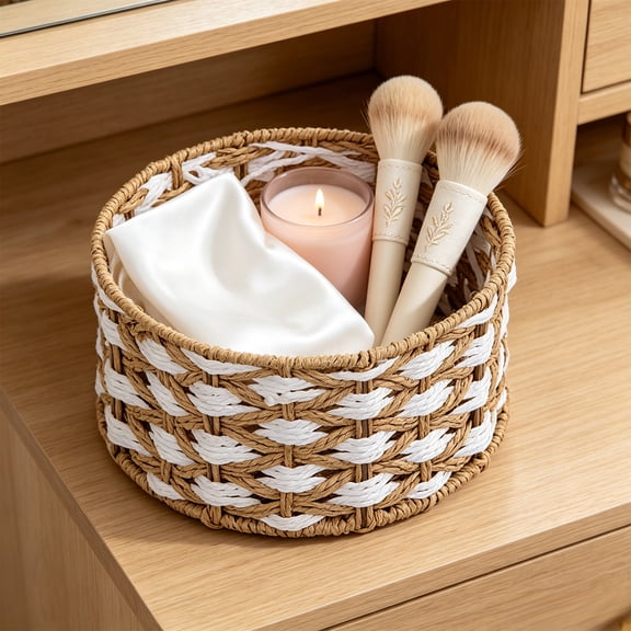 Natural Paper Storage Basket 6x6x4 Inches, Desk Coffee Table Organizer Tray for Snacks Cosmetics Small Items, Rustic Home Decor