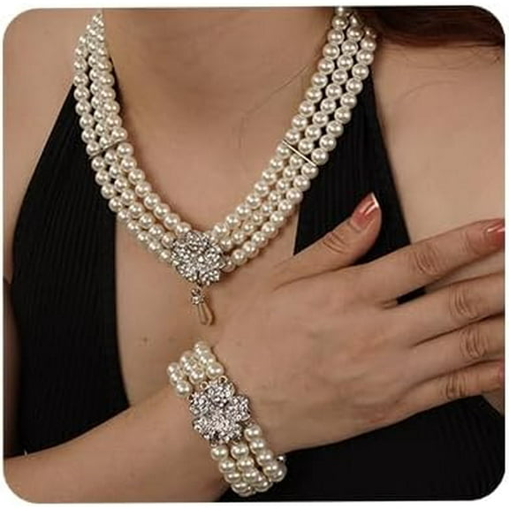1920s Vintage Faux Pearl Choker Necklace Earrings and Bracelet Jewelry Set Multi-Strand Pearl Necklace with Flower Brooch for Women