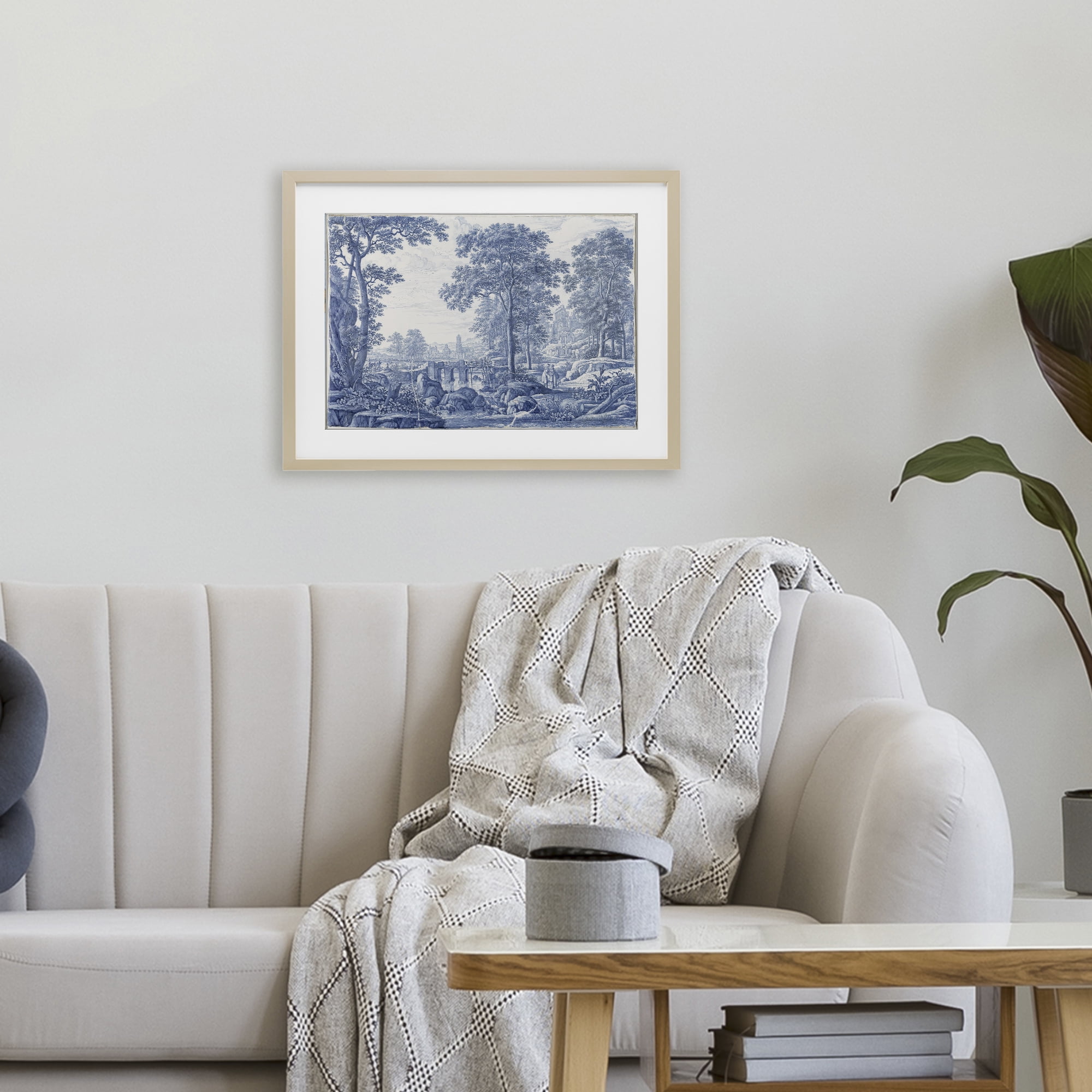 Vintage Blue Tinted Toile Birch Framed Print Under Glass, design by Vintage Hustle