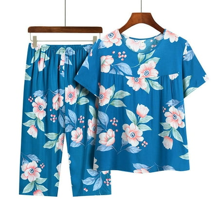 

Lounge Sets for Women Summer Casual Short Sleeve Tops with Full Length/Capri Pants Ladies Vacation Outfits Pajamas Sets