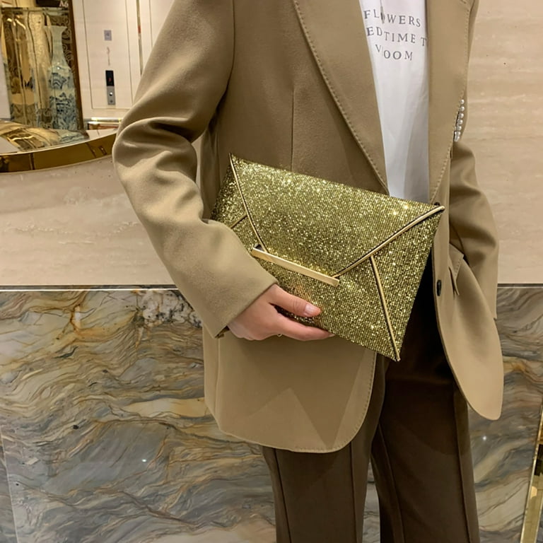 Yucurem Shiny Women Solid Color Sequins Envelope Bag, Lady Square Flap  Clutch Purse for Dating Shopping (Gold)