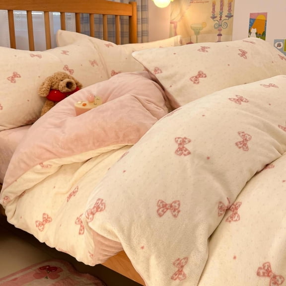 Ultra Fluffy Plush Flannel Winter Bedding Set for Girls, Cozy Warm Thermal Duvet Cover with Pink Decorative Loops Twin Size (Duvet Insert Not Included)