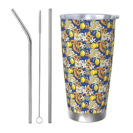 

KLL Sicilian Style Print 40oz Stainless Steel Insulated Car Cup with Spillproof Lid - Keep Your Drink Hot or Cold on the Go-Straw Three-piece Set