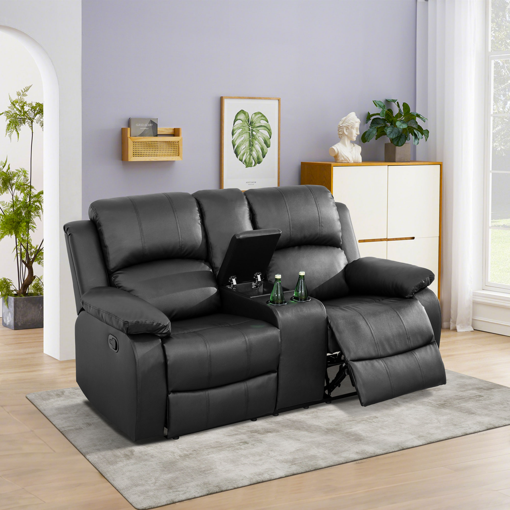 Gewnee Black Loveseat with Console & Cup Holders, Air Leather & High-Elastic Sponge, Adjustable Recline, Perfect for Living Rooms
