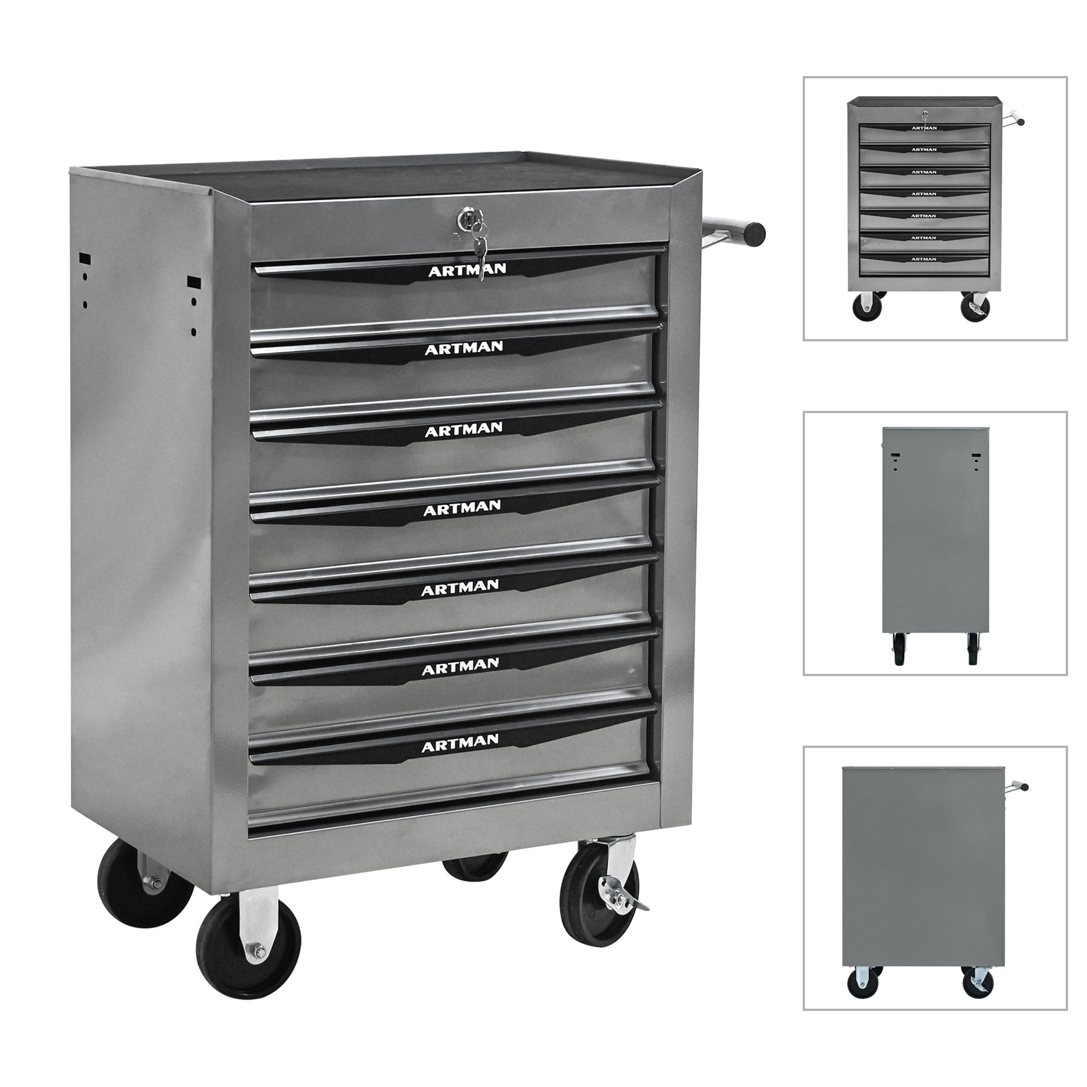 Noble House 7-Drawer Mobile Steel Tool Organizer with Key Lock, Ball Bearing Slide Storage Cabinet Box, Silver
