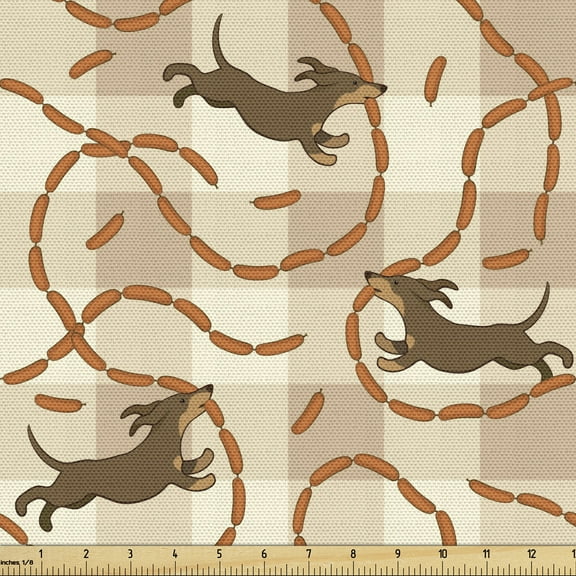 Funny Upholstery Fabric by the Yard, Lucky Playful Dogs Running After Sausages Pet Food on Pastel Checkered Backdrop, Decorative Fabric for DIY and Home Accents, 10 Yards, Multicolor by Ambesonne
