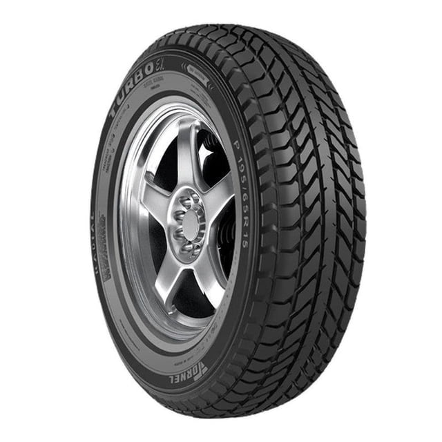llanta 175/70r13 82t turbo tornel llanta negra Tornel para rin 13, vista 3/4 frontal con dibujo de piso direccional y canales anchos y profundos, bloques de hombro más anchos e indicador de desgaste visible en el flanco; montaje en rin plateado sobre fondo blanco, adecuada para uso diario por tracción y estabilidad y suele usarse también para reemplazo en autos compactos.
