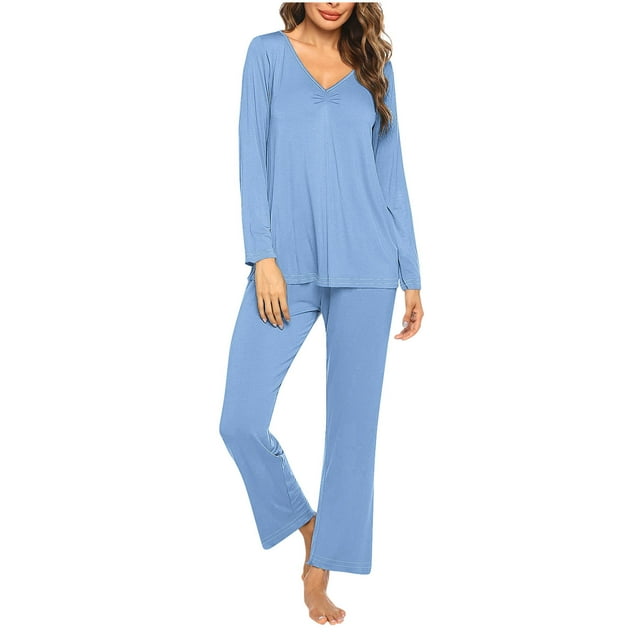 Timegard Ensembles de Pyjamas pour Femmes 2 Pcs Manches Longues Col en V Haut Froncé et Pantalon Automne Décontracté Doux Tenues de Pjs