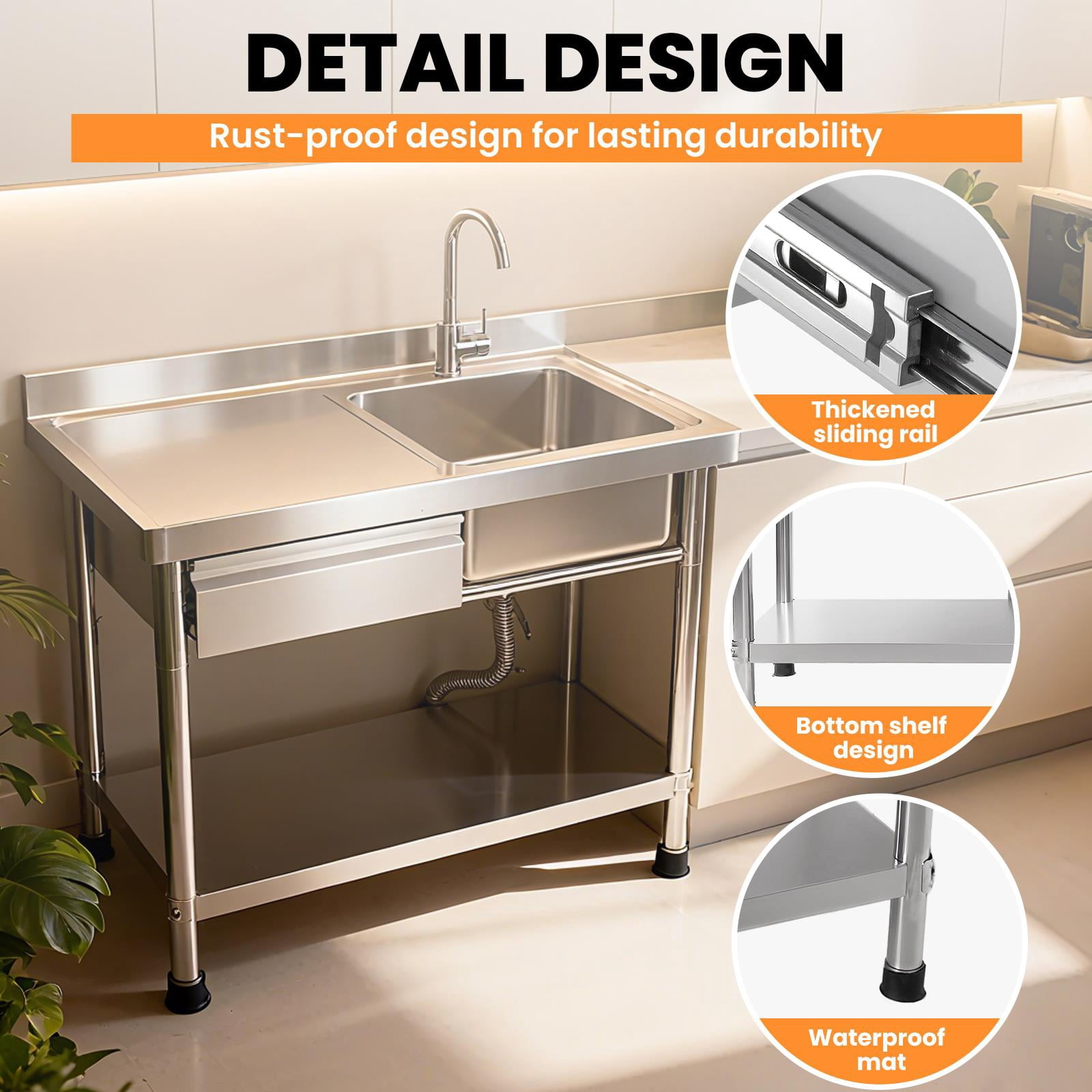 1-Drawer Free Standing Utility Sink,Stainless Steel Commercial Sink With Single Bowl,Cold And Hot Water Pipes And Workbench,Kitchen Sink For Laundry Or Farmhouse,Silver