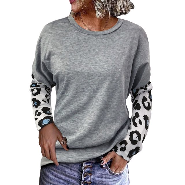Top con estampado de leopardo Cuello redondo Manga larga Blusa informal con bloques de color Sudaderas