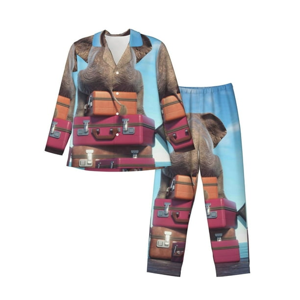 Fotbe Elephant Sits Pijama de Hombre con Estampado de Manga Larga, Conjunto de 2 Piezas, Ropa de Dormir Suave y Cómoda con Bolsillos-X-Large