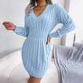thumbnail image 4 of Ediodpoh Women Elegant Long Sleeve V Neck Slim Back Embroidery Party Autumn Ribbed Knitted Bodycon Sweater Dress Sweater Dresses Blue M, 4 of 9