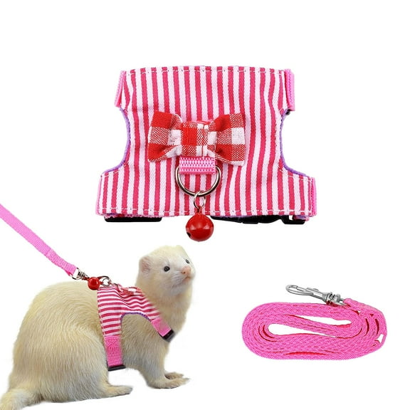 Holzlrgus Small Pet Harness Vest and Leash Set with Bowknot and Bell - Adjustable Soft Breathable Chest Strap Harness for Outdoor Walking Guinea Pigs, Ferret, Chinchilla (Pink)