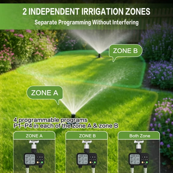 Sprinkler Timer Water Gardens Ponds Kits, 2 Outlet 8 Programmable Water Timer with Rain Delay & Manual/Automatic Modes, Weatherproof Irrigation System for Yard Lawn, Large LCD Display