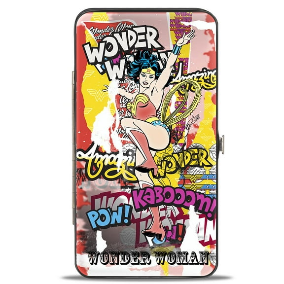 Buckle-Down Women's Wallet Hinged PU Classic Wonder Woman Action Pose Verbiage Pop Art Collage