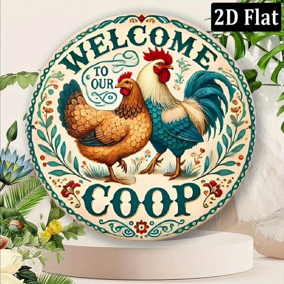 Rustic 8*8Inch Aluminum Metal Sign - _Welcome to Our Chicken Coop_ Farmhouse Wall Decor with Colorful Rooster & Floral Design, Weather-Resistant Outdoor_Indoor Art for Garden, Garage, Porch