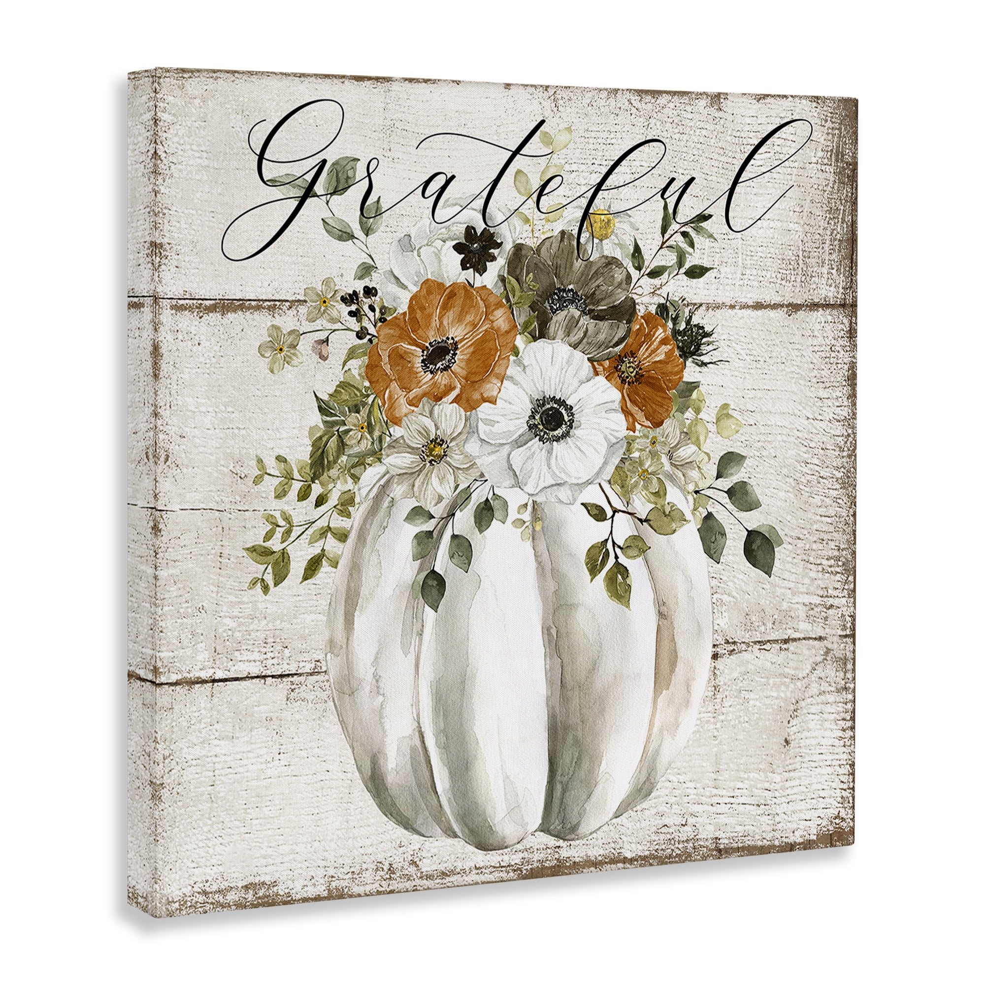 Stupell Industries Grateful Floral Pumpkin Holiday Painting Gallery Wrapped Canvas Art Prints Wall Art, 17 x 17