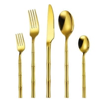Ikohbadg Bamboo Flatware Set Gold Set Service for Stainless Steel Fine Vintage Flatware Cutlery Set with Bamboo Design Handle Forged Restaurant Hotel Party Wedding Housewarming Gift Polished