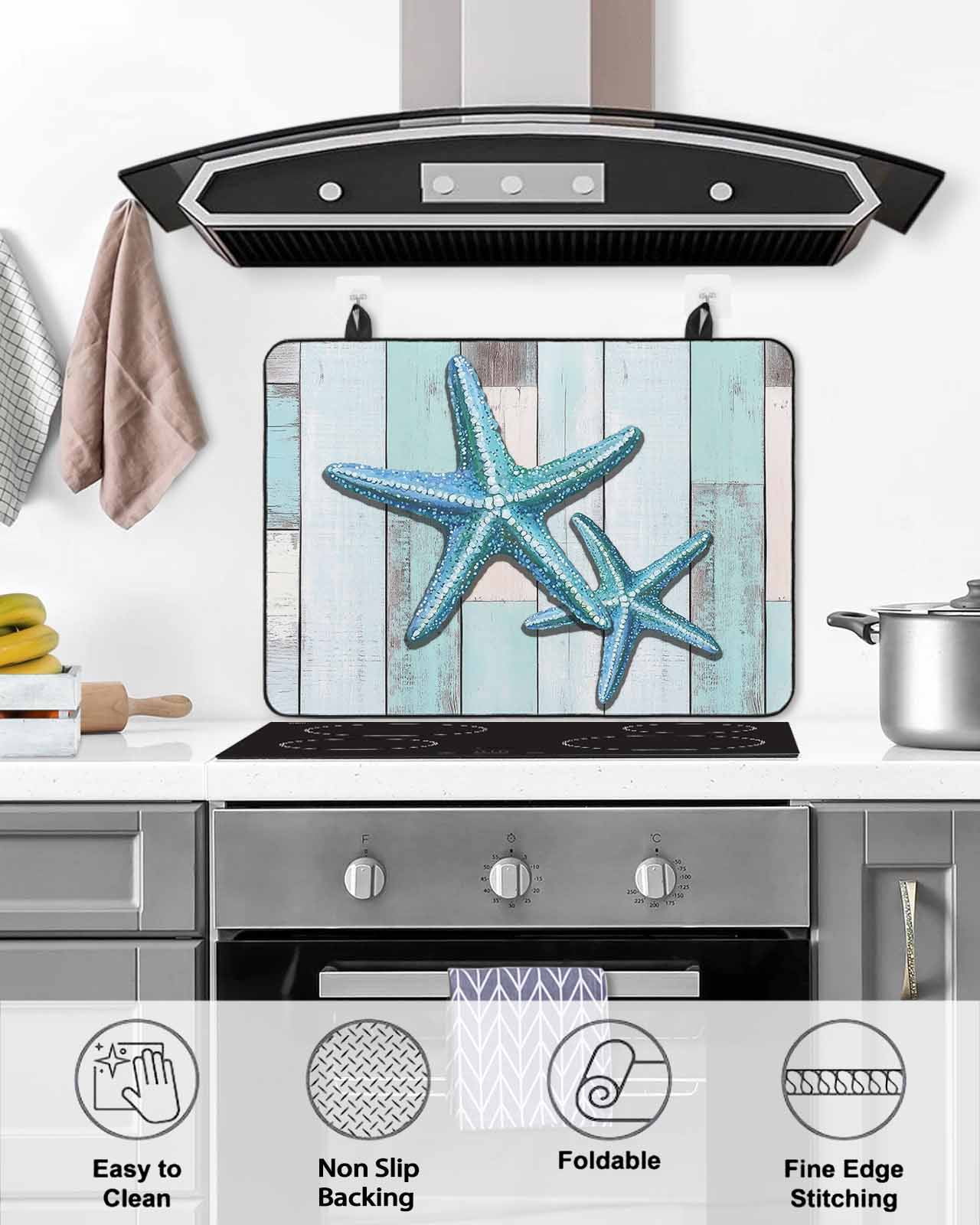 nqOlkjepod Large Induction Cooktop Protector Mat 24"x21", Teal Blue Starfish Stove Top Covers for Electric Stove, Summer Beach Coastal Retro Wooden Stove Burner Cover Mats, Glass Top Stove Cover