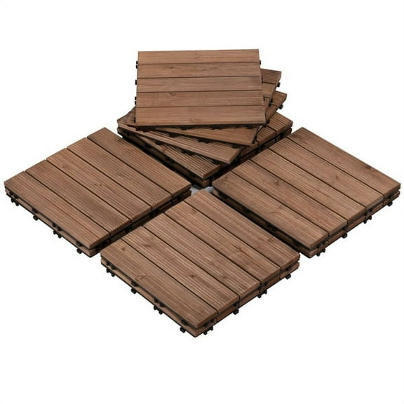 Renwick 12" x 12" Interlocking Wooden Floor Tiles, Outdoor and Indoor, 11 pieces, Brown Flooring Materials