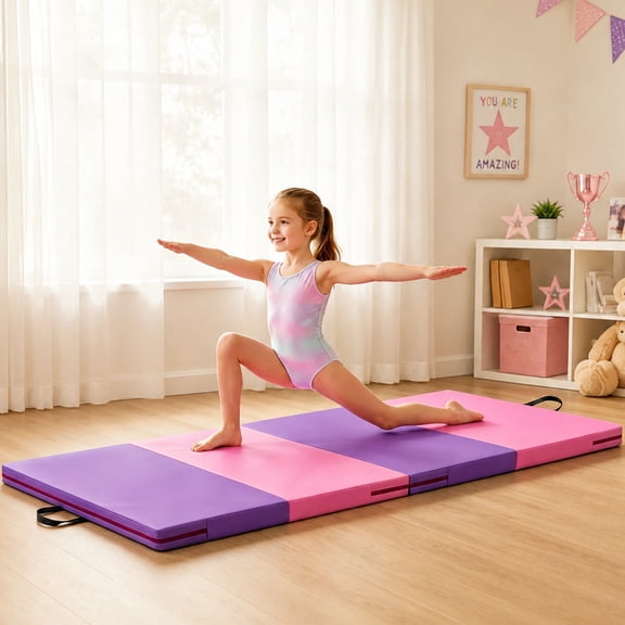 Wesfital Gymnastics Mat 6'x3'x2'' Foldable Exercise Mat for Home Gym, Aerobics & Workout, Tumbling Mat Ideal for Kids & Children Gifts, Purple and Pink