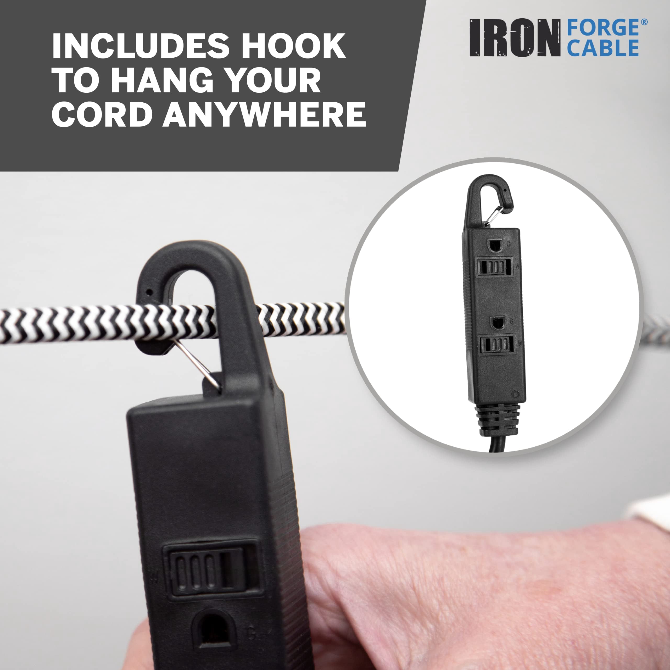 Iron Forge Cable 10 Ft 3 Outlets Black Extension Cord with Inline Switch On/Off, 16/3 SJTW 3 Prong with Hook for Hanging -10 AMP Cord - ETL Listed