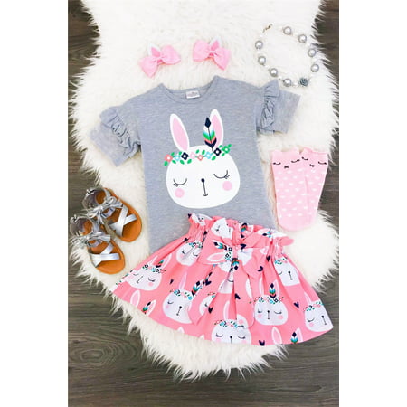 Newborn Kids Baby Girls Bunny Print Tops T-shirt Bowknot Skirt Dress Outfits Set