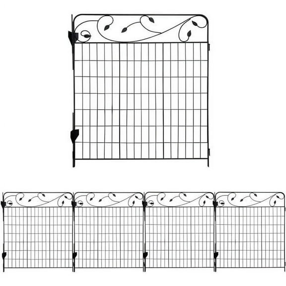 Ashman Vinyl Coated Picket Garden Fence 44in x 3ft - Rustproof Metal Landscape Fencing, Black (Set of 4)