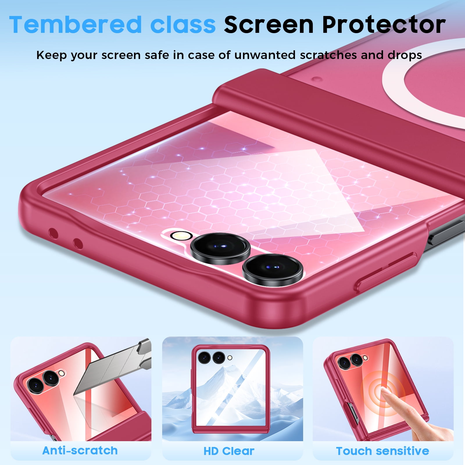 Oupeigar for Samsung Galaxy Z Flip 7 Phone Case,Compatible with MagSafe,Screen Protector,Anti-Fingerprint Translucent Matte Shockproof Case-Rose Red