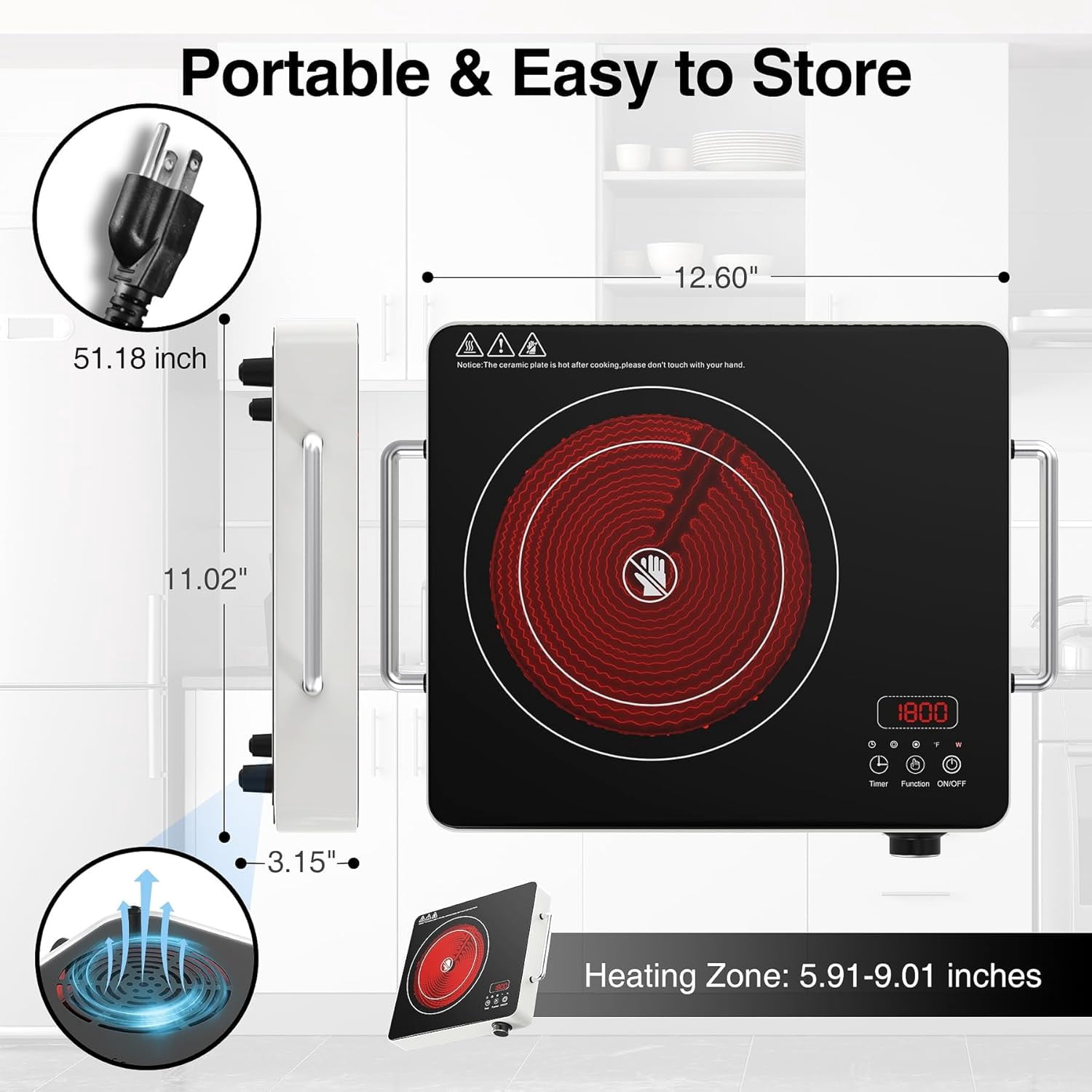 Electric Cooktop, 110V Touch and Knob Electric Stove Top, 1800W Single Burner With Handle, 9 Power Levels, Kids Safety Lock & 4H Timer, Portable, Black
