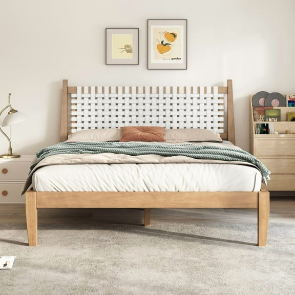 [Luckynote]Queen Bed with Woven White Leather back., Natural Wood Frame