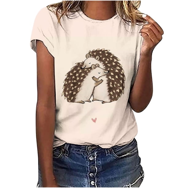 Camiseta de manga corta con cuello redondo y estampado informal de verano para mujer Pompotops hfajkhk134993