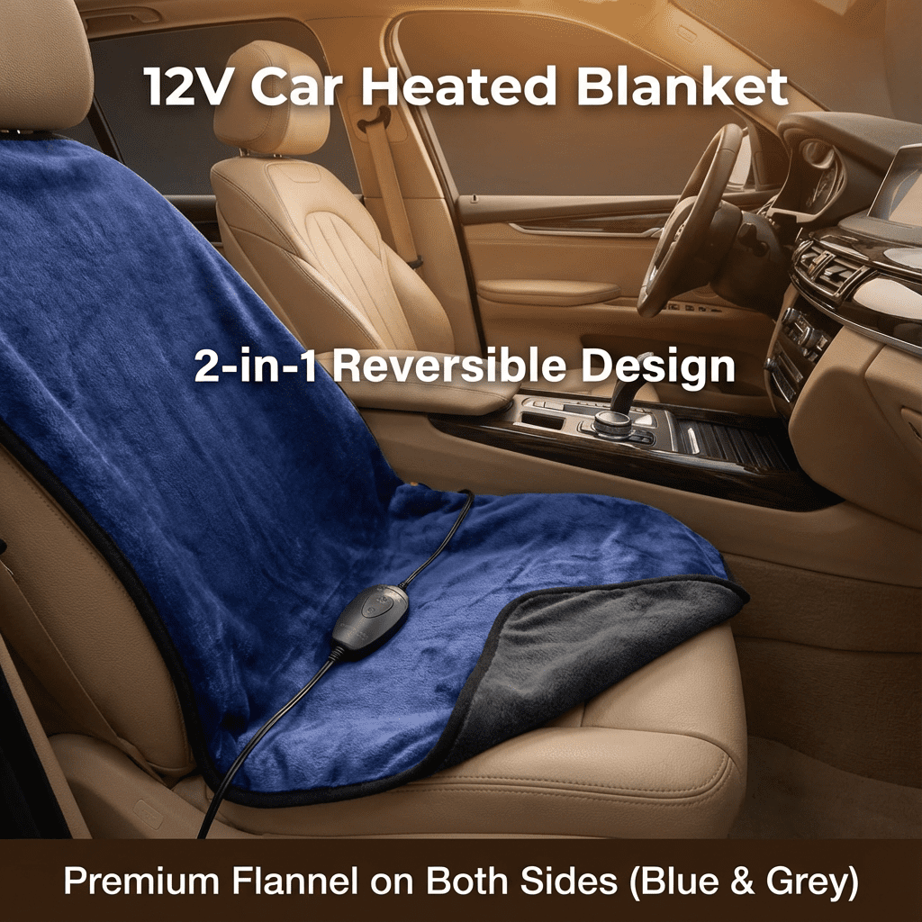 12V Car Heated Blanket with Smart Timer & 3 Heat Settings - Reversible Navy Blue & Dark Grey Electric Flannel Throw - Washable, 72" Long Cord, 55"x39" Large Size for Winter Travel, SUV, RV