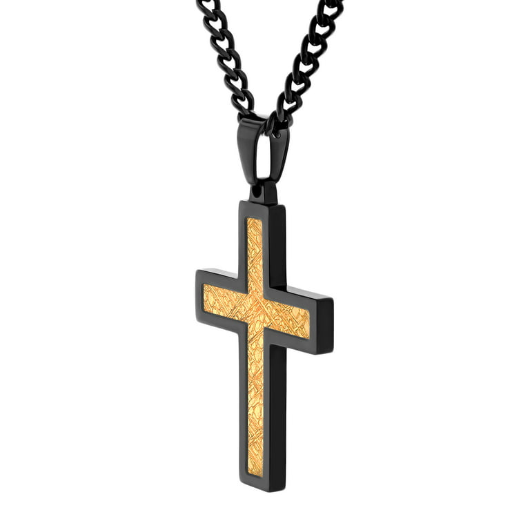 Believe by Brilliance Men’s Stainless Steel Gold Carbon Fiber Inlay  Two-Tone Cross Pendant Necklace Chain