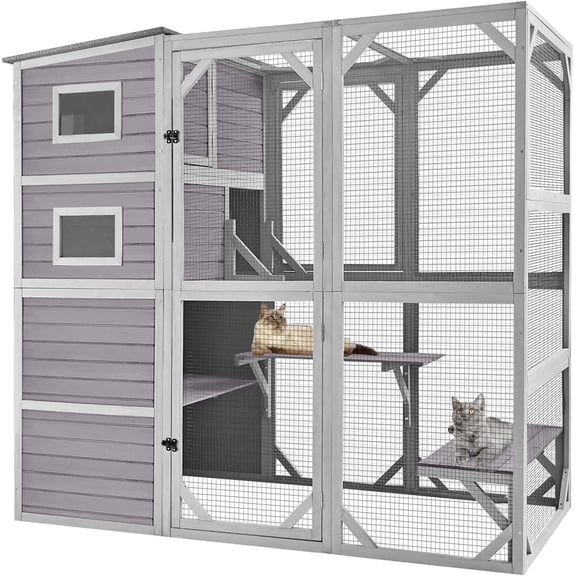 Catio Outdoor Cat Enclosure Large Cat Enclosure 4 Tiers Outdoor Cat House Connectable with Window,Grey,77" L