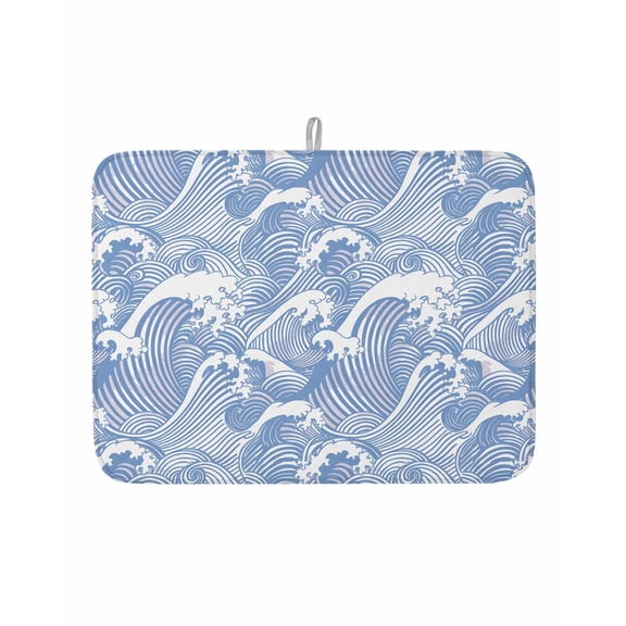Dish Drying Mat for Kitchen Counter Navy Blue Waves Drying Pad Absorbent Drying Mats for Countertops Sinks Draining Racks Ocean Lines Stripes Reversible Drainer Kitchen Accessories 18x24 Inch