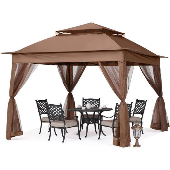 11x11 ft Pop Up Gazebo with Netting Screen Walls, Brown | 180D Polyester, UPF 50 Waterproof, Double-Tiered Vented Roof, Instant Portable Canopy, Easy Setup