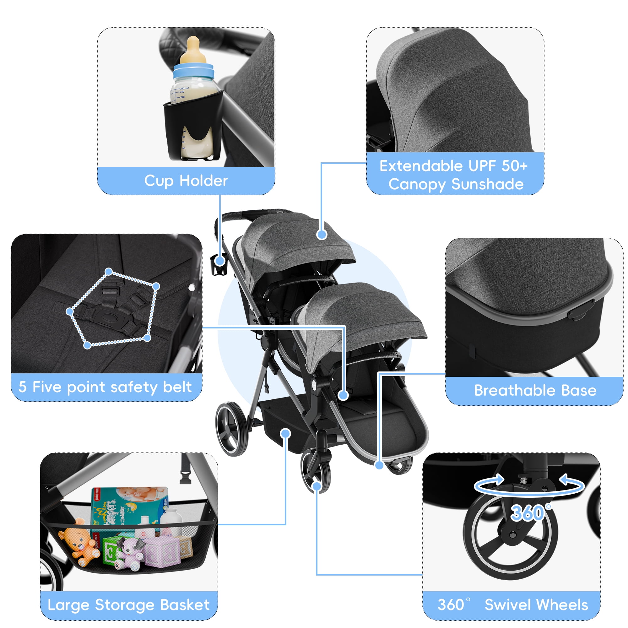 Double Stroller, Foldable Tandem for Infants & Toddlers, Reclining Seats, 5-Point Harness, Large Basket, Gray