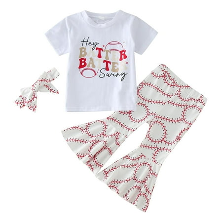 

Toddler Girls Casual Short Sleeve Baseball Printed Tops Pants 2PCS Outfits Clothes Set Leisure Outwear With Headbands Baby Fashion Dailywear Child Clothing