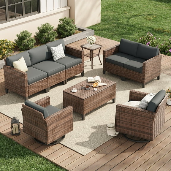 Poteban Outdoor Patio Furniture Set, Rocking Swivel Chair, 9 Pieces Wicker Rattan Sectional Furniture for Backyard (Grey)