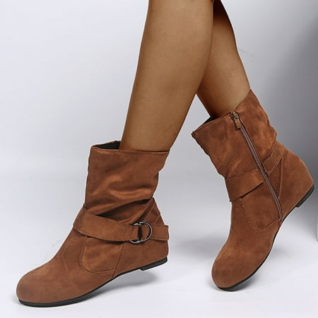 

HaiMao Women s Fashion Mid Calf Flat Heel Boots Clearance Side Zipper Slouch Boots Booties Yellow 6.5(38)