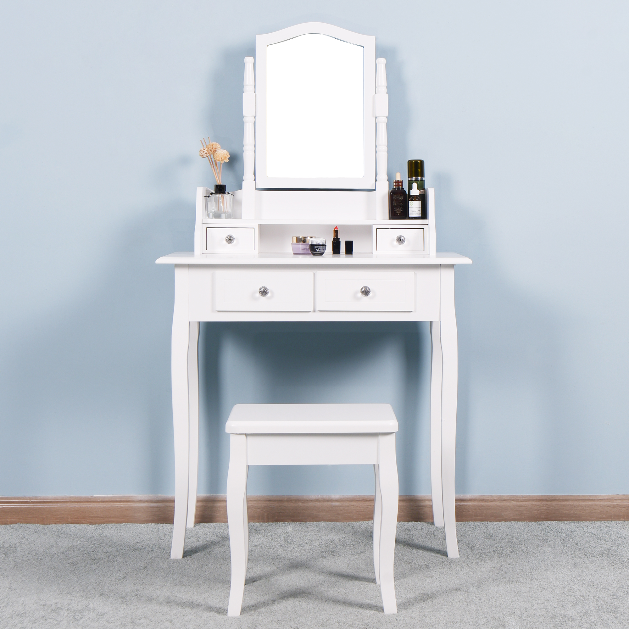SESSLIFE Wood Desk with Stool, Makeup Desk Set with 4 Drawers and Mirror, White Bedroom Desk Set