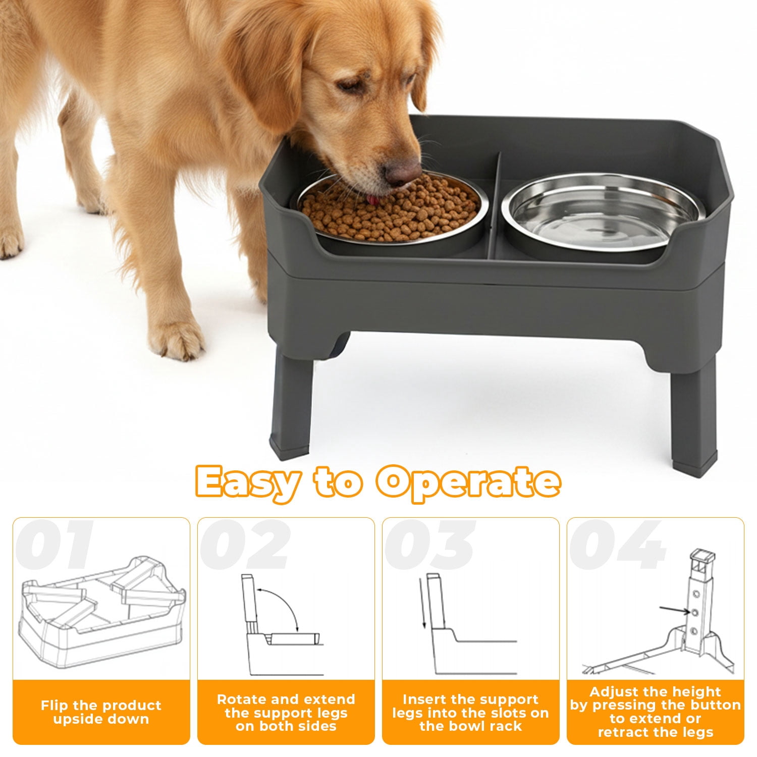 Adjustable Elevated Dog Bowls with Stand, 4 Height Settings, Double Stainless Steel Bowls with Raised Splash Guard, Feeding Station with Licking Tray