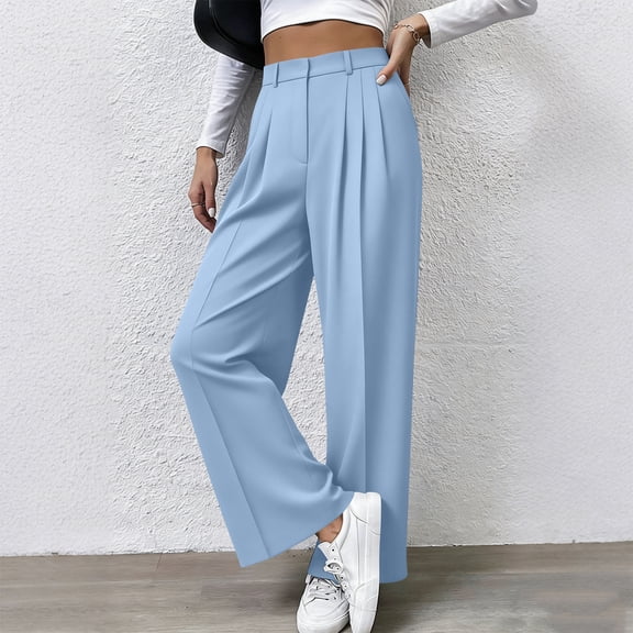 Avrnliq Light Blue High Waisted Pleated Wide Leg Pants for Women, Stretchy Business Casual Dress Pants with Pockets, Office Wear Trousers S-XXL,Size XL