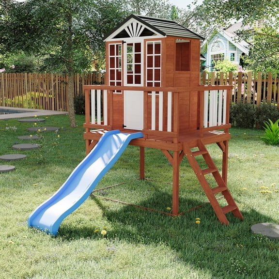 Kids Outdoor Playhouse,Elevated Cedar Wooden Kids Playhouse with Slide,2 Story Wooden Playhouse with Climbing Wall,Growth Chart for Kids Gift