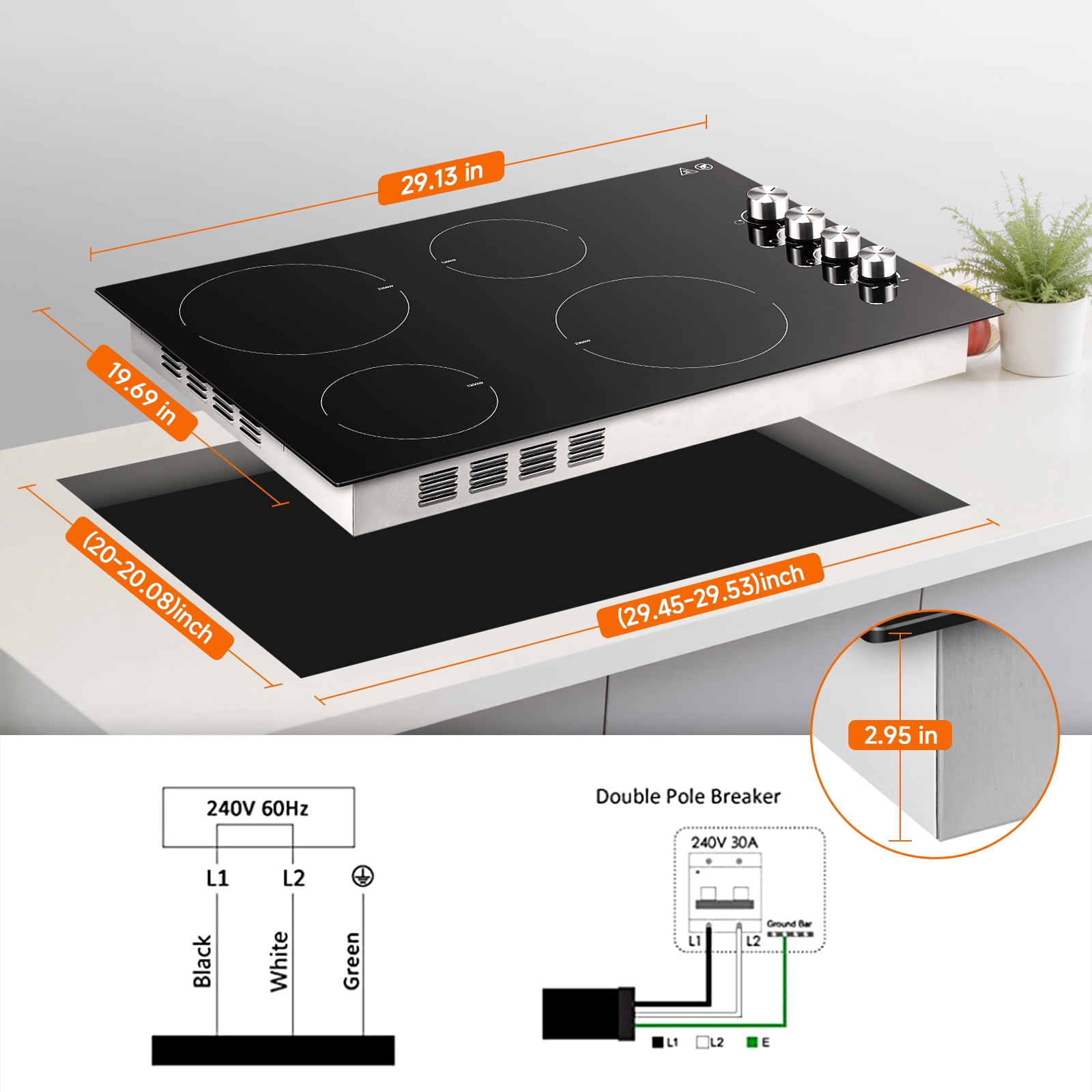 Sunmaki 30 Inch Coil Burner Electric Cooktops with 4 Burners 7000W Built-in Radiant Electric Stove Top with Knob Control, 220-240V