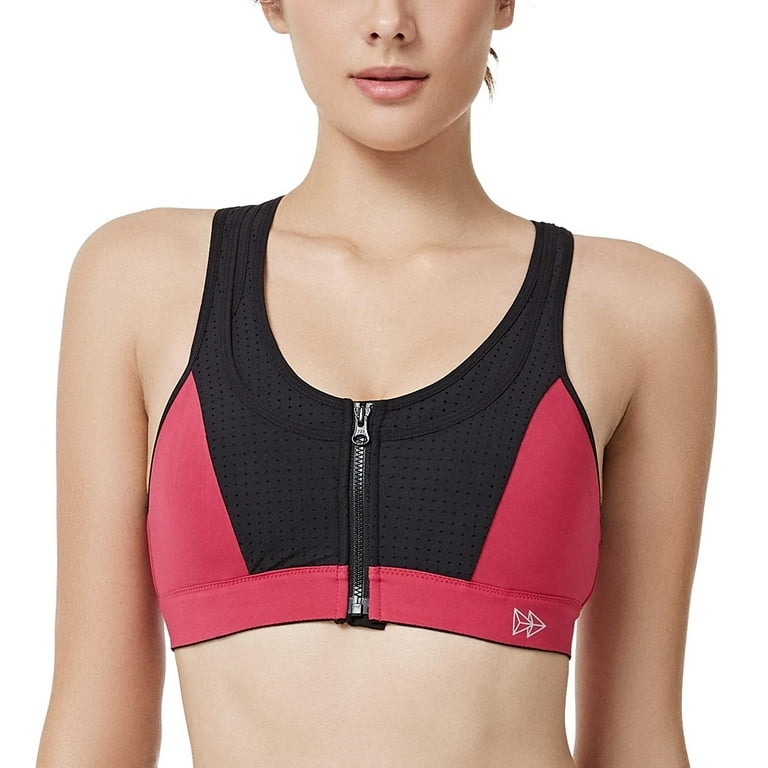 Yvette Women's Zipper Front High-Impact Sports Bra, Pink, Size 32B